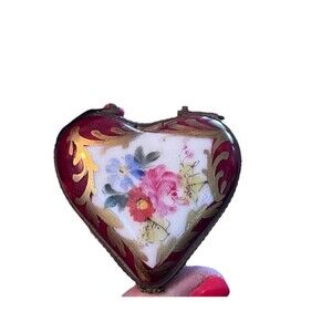 Limoges Vintage Rose Deep Red Heart Shaped Trinket Box Hinged Lid Flower Clasp
